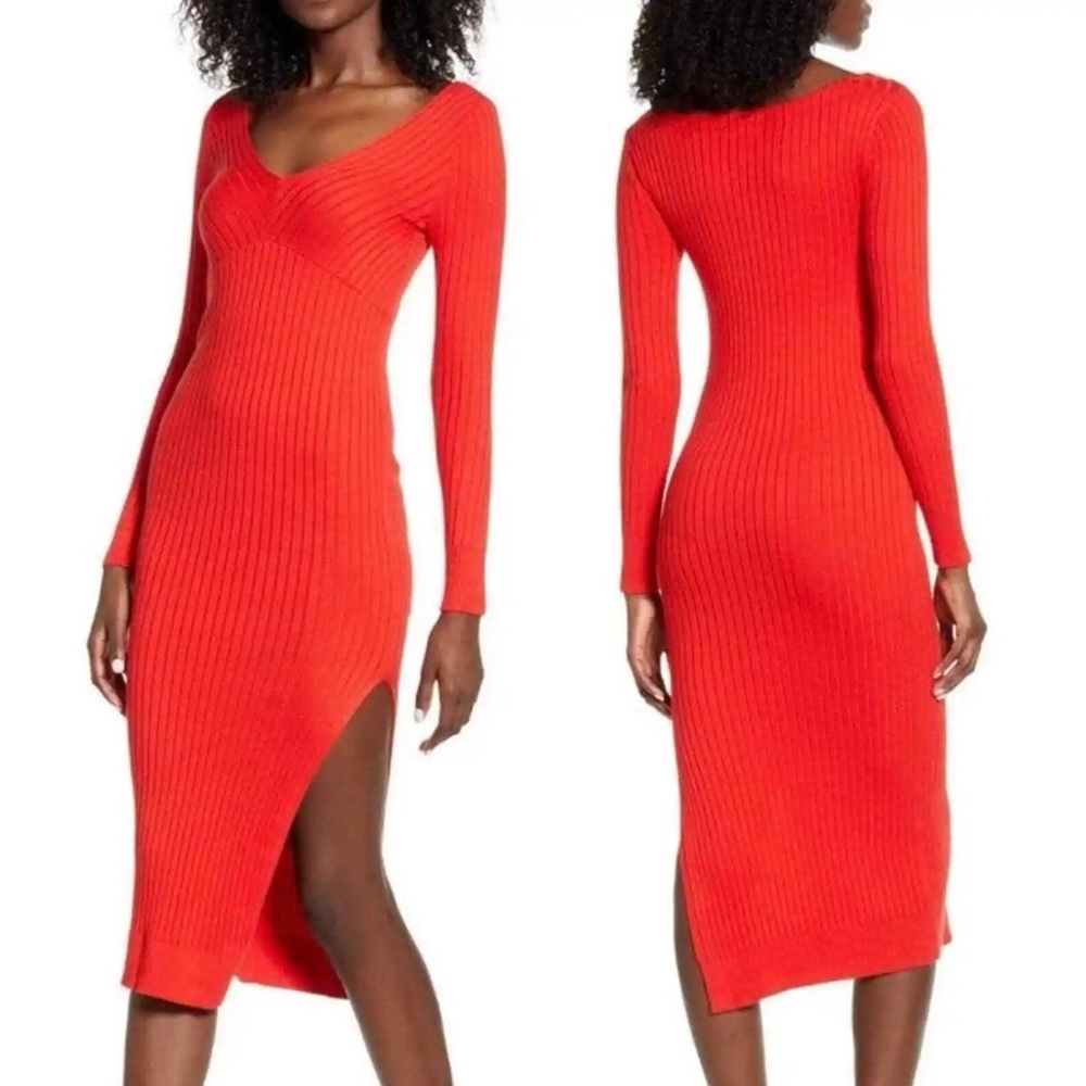 Leith Red MIDI Sweater Dress With Slit On Side